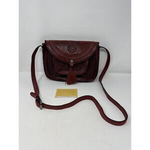 Patricia Nash Beaumont Italian Leather Studded Fringe Berry Red Crossbody Bag